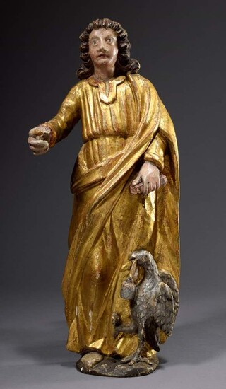 Sacred figure "Evangelist John", carved wood, coloured and partly gilded, back flattened, probably 18th century, h. 57cm, slight defects, missing parts, former collection Walter Vonficht/Allgäu