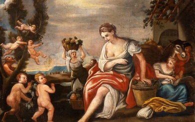 Scuola napoletana, XVIII secolo () La vendemmia Olio su tela cm. 88x117 cad....