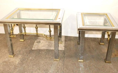 Set of 2 chrome, glass and brass glass top Hollywood frame lamp tables