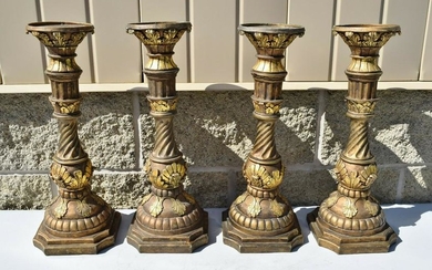 Set of 4 Hand Carved Wood Church Altar Candlesticks +