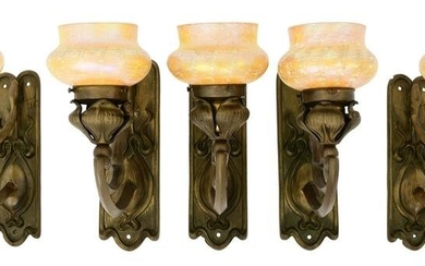 Set of Five Gilt Bronze Art Nouveau Wall Sconces with Quezal Decorated Art Glass Shades