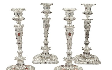 Set of Four Silver Plated Glass and Colored Stone Set Candlesticks 20th Century
