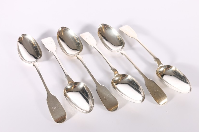 Set of six Victorian silver table spoons of fiddle pattern b...