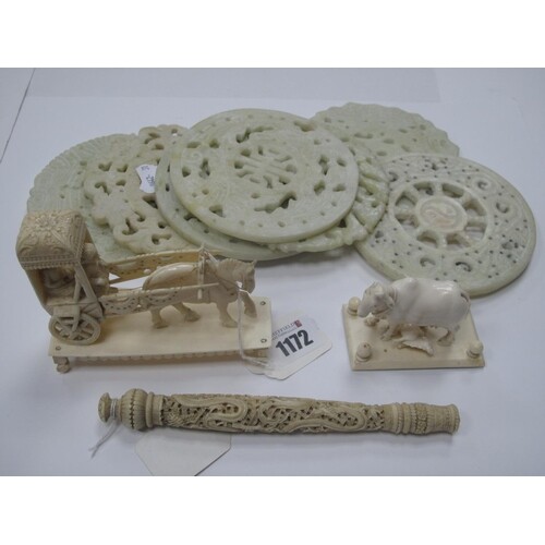 Seven XX Century Chinese Carved Pale Green Hardstone Discs, ...