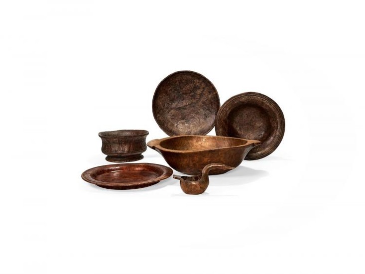 Seven various turned and carved wood vessels, 20th century