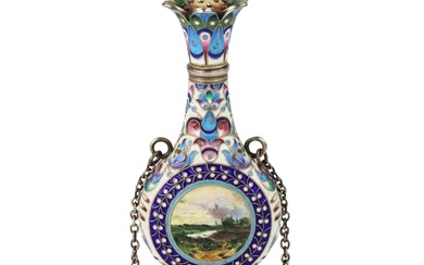 Silver perfume bottle in cloisonne enamel with painted miniatures.