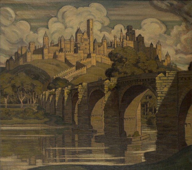 Sir Claude Francis Barry RBA, British 1883-1970 - Carcassonne; oil on canvas, signed lower right 'F Barry', signed and titled to stretcher 'Barry Carcassonne', 100 x 113 cm (ARR) Provenance: Bonhams, London, Modern Pictures, 20th March 2007, lot...