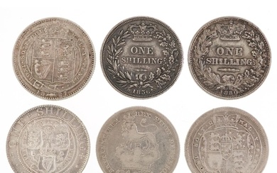 Six George III and later silver shillings, comprising dates ...