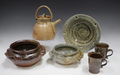 Six pieces of David Osborne studio pottery, including a circular dish and a two-handled bowl, each c