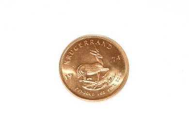 South Africa, 1974 Krugerrand. 1 oz. fine gold (.999). Obv:...