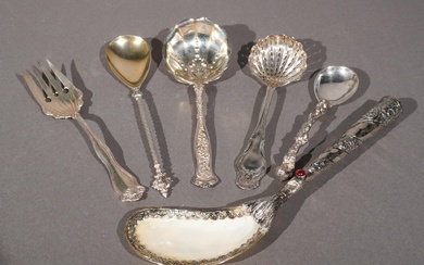 Sterling Silver 'Dresden' Casserole/Berry Spoon by Whiting, Seth P Squire Coin Silver Dusting Spoon with a Sterling Cold-Meat Fork, 800-Silver Ecclesiastic Spoon, with Two Other Pieces, L silverplate with shell 11 3/4 in