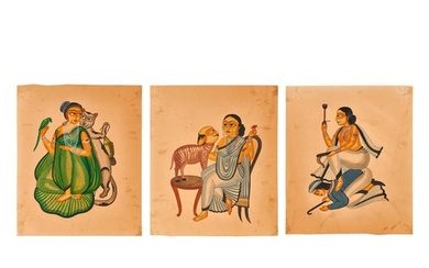 THREE WATERCOLOUR SKETCHES, KALIGHAT PAINTINGS 18 x 15 inc...