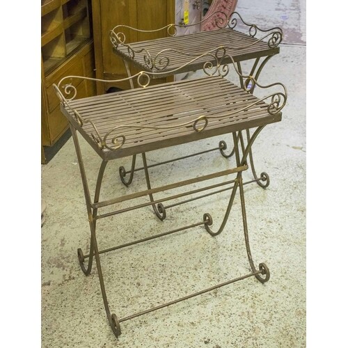 TRAY TABLES, a pair, metal, on folding stands, 73cm H x 62cm...