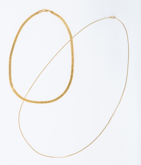 TWO 14K YELLOW GOLD FLEXIBLE-LINK NECKLACES. One, strap necklace, L:...
