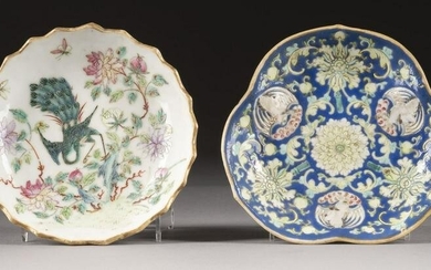 TWO FAMILLE ROSE HIGH-FOOTED SMALL DISHES