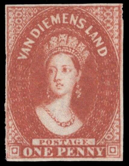 Tasmania 1855 wmk. Large Star, imperf 1d. carmine with close to small margins, lovely colour,...