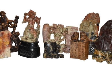 A collection of 20th century Oriental carved soapstone figures...