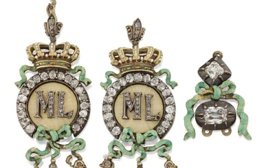 Three 19th century diamond and enamel drops, comprising a pair of drops each designed as circular pale yellow guilloche enamel discs with central applied, rose-cut diamond-set initials, within old-brilliant-cut diamond border to articulated enamel...