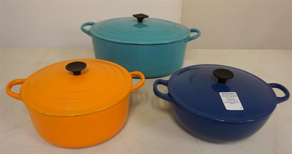 Three Le Creuset Enamel Decorated Cast Iron Cookware, Including a G 7 Quart Dutch Oven