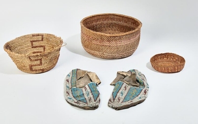 Three Native American baskets and beaded shoes