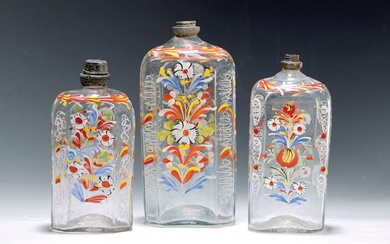 Three brandy/liquor bottles, German, 18th century, colorless glass,...