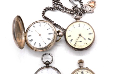 Three silver cased pocket watches, a "Services" Army pocket watch and a double Albert watch chain.