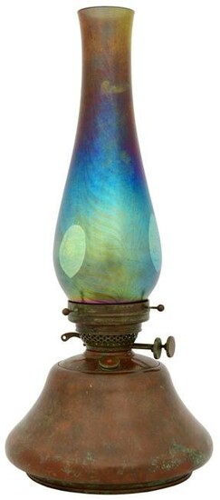 Tiffany Studios Oil Lamp with Favrile Glass "Peacock"