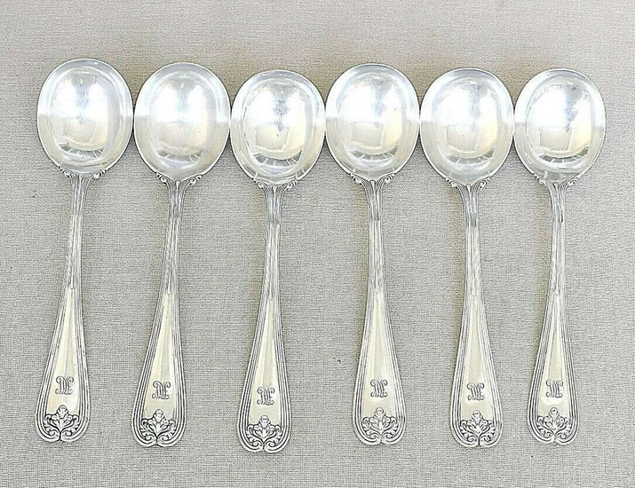 Tiffany & Co Antique Colonial Sterling PAT 1X95 T Six Gumbo Spoons, 390gr., Monogram, 19th cen.