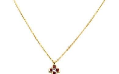 Tiffany & Co. Diamond Ruby 18k Yellow Gold Mini Cruciform Pendant & Chain