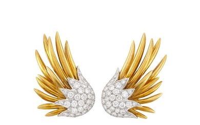 Tiffany & Co., Schlumberger Pair of Gold, Platinum and Diamond 'Wing' Earclips