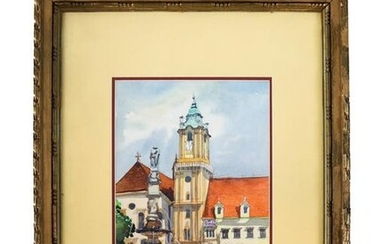 Town Square with ClockTower - Watercolor