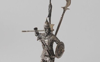 Turkish silver warrior, Janissary, 835, on wooden base, signed 'Cem 92', one lance is loose, h. 15 cm.