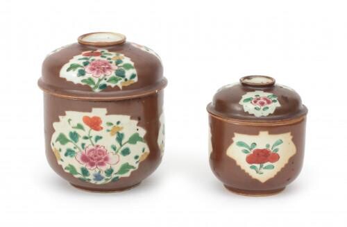 Two Chinese porcelain Batavia ware covered dishes with famille rose flower decoration, Qianlong, 18th century.