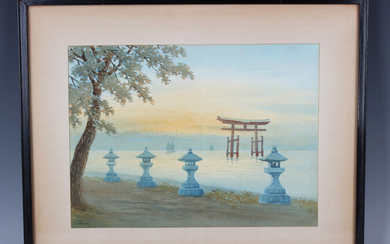 Two Japanese watercolour paintings, early to mid-20th century, one depicting the floating torii gate