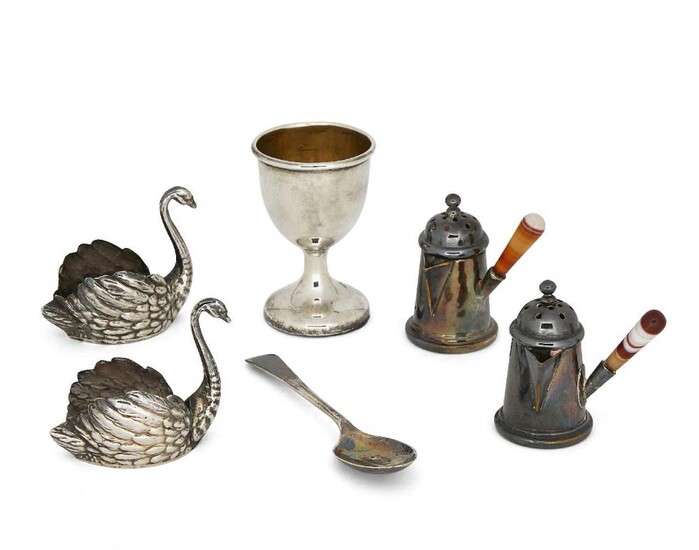 Two miniature German silver swans, both with...