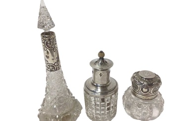 Two silver mounted scent bottles, together with a silver table top incense burner (3)