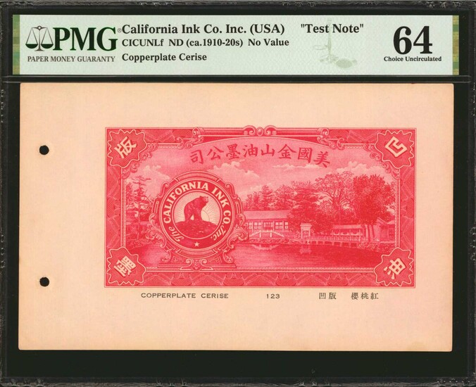 UNITED STATES. The California Ink Co. Inc (USA). No Value, (ca. 1919-20s). P-Unlisted. Test Note. PMG Choice Uncirculated 64.