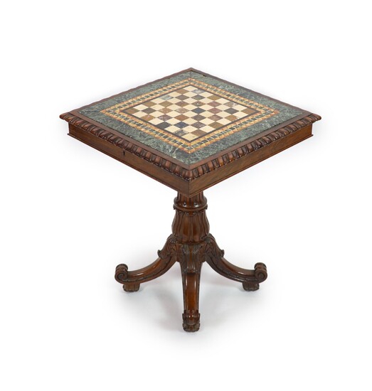 Une table de jeu William IV en bois de rose et pietra dura,le dessus carré...