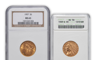United States Two $5 Half Eagle Gold Coins.