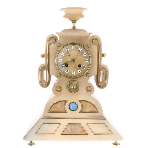 Unusual French alabaster two train mantel clock, the Japy Fr...