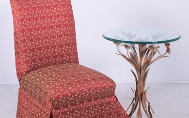 Upholstered slipper chair, tole gilded side table