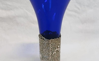 VICTORIAN SILVER & BLUE GLASS TAPERING VASE DECORATED WITH C...