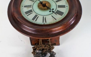 Victorian mahogany cased postman's alarm clock, having white dial with black roman numerals, with