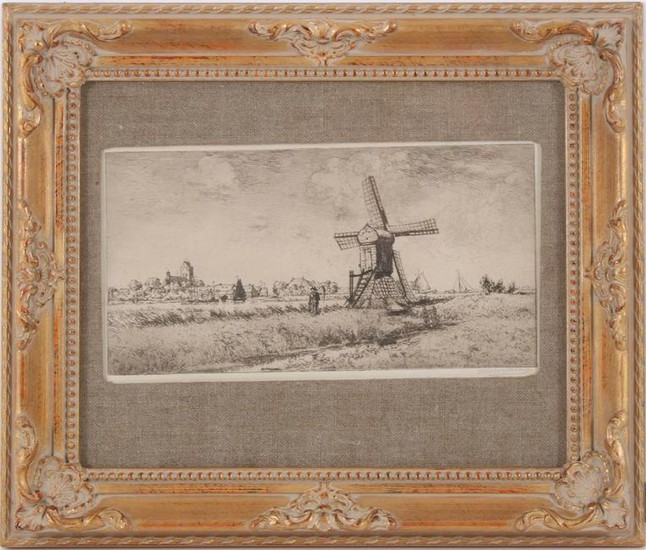 View of Frisian village on a lake with mill and man