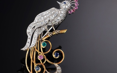 Vintage Art Deco diamond, sapphire, emerald and ruby ??brooch of 18 kt. gold and white gold