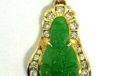 Vintage Carved Jade and Diamond Yellow Gold Pendant