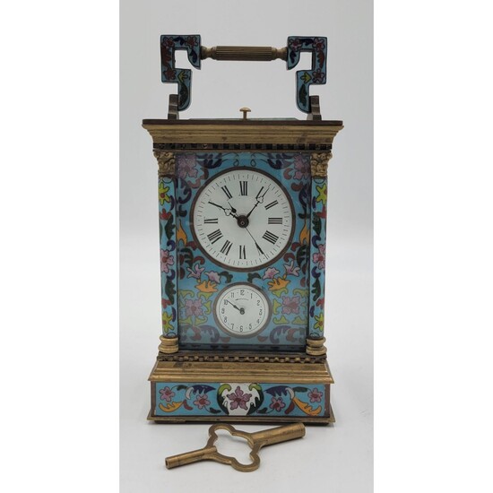 Vintage French Bronze Cloisonné Carriage Clock & Key