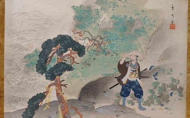 Vintage Japanese Woodblock Print Samurai by tree
