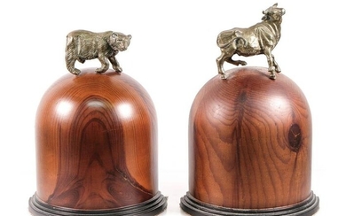Vintage Sarreid Bull Bear Brass & Wood Bookends