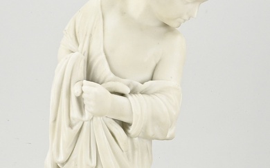 White marble figure. Boy with fish, looking at a fish on the ground. 19th century....